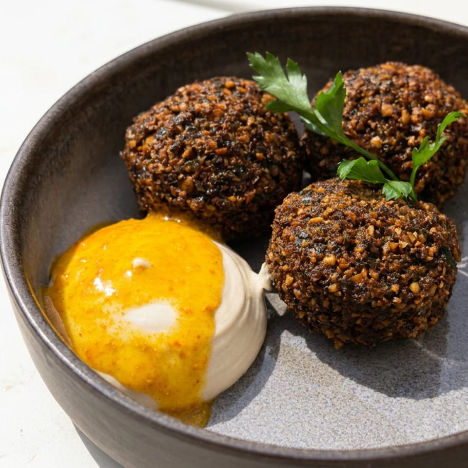Three crispy falafel balls garnished with parsley, served with orange and white dipping sauces in a ceramic bowl.