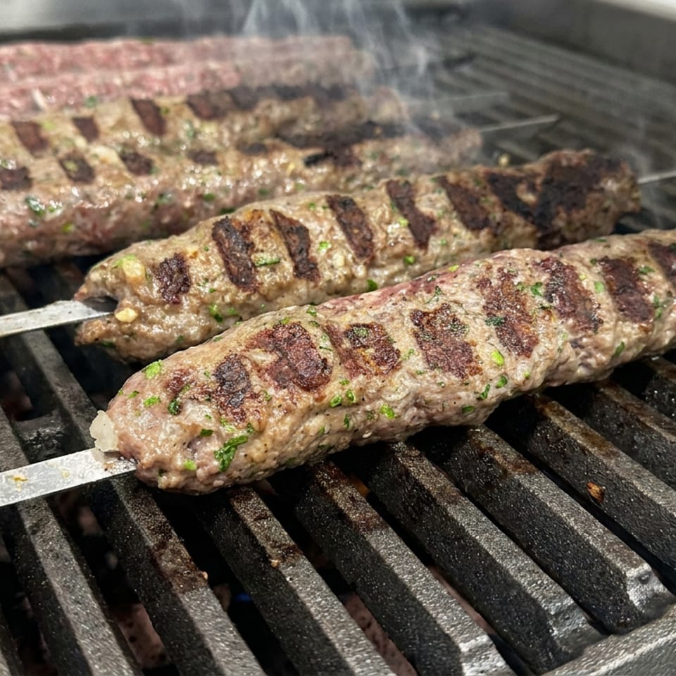 Three seasoned ground-meat kebabs grilling on metal skewers, with visible char marks and smoke rising from the barbecue.