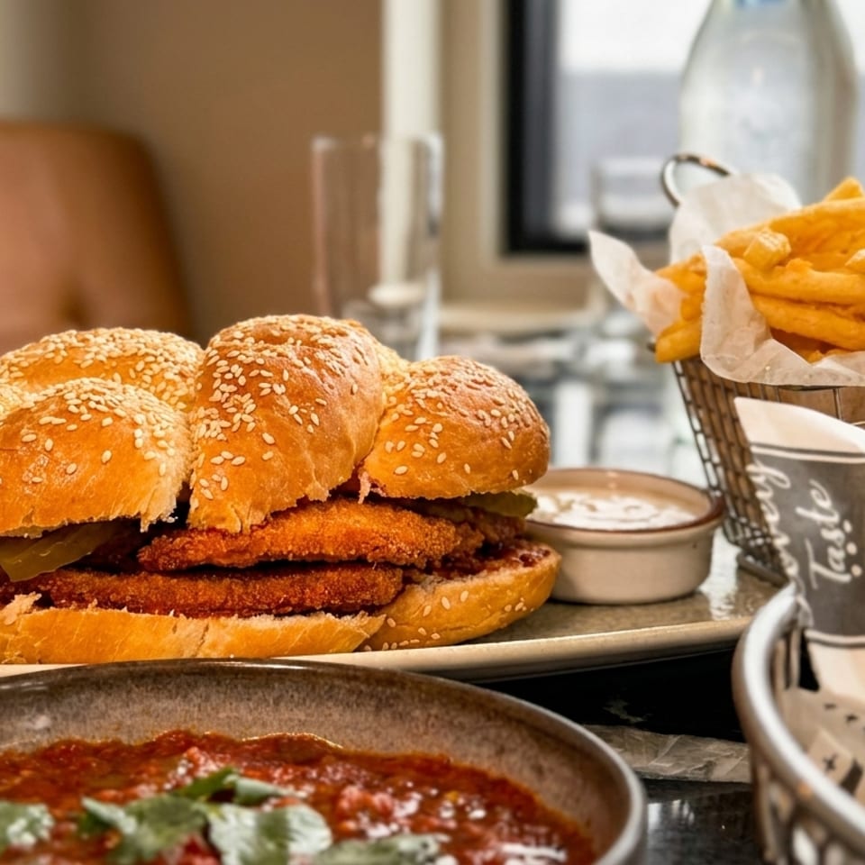 Sesame-bun fried chicken sandwich with pickles, fries, dipping sauce, and a bowl of red salsa on a restaurant table.