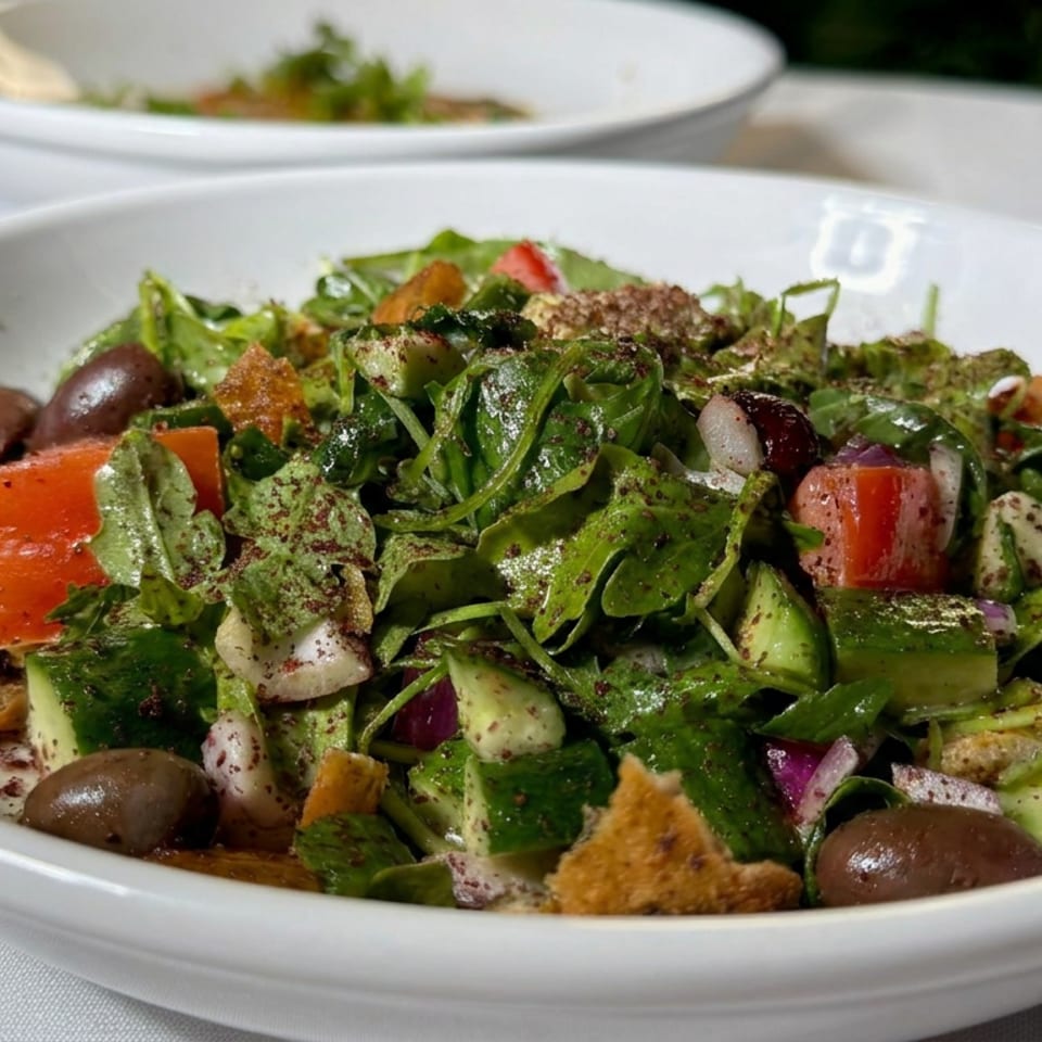Fresh Mediterranean salad with greens, cucumber, tomatoes, olives, onions, herbs, and toasted pita in a white bowl.