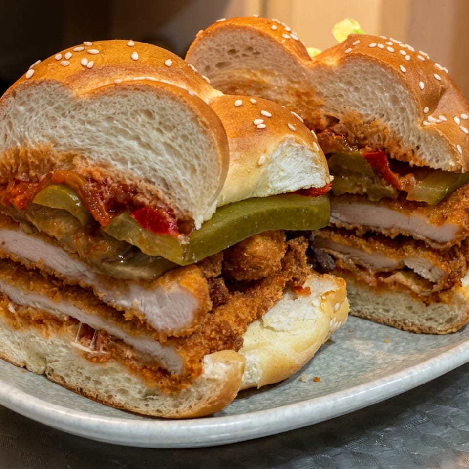 Two stacked crispy chicken sandwiches with sesame-seed buns, peppers, onions, and sauce served on a plate.